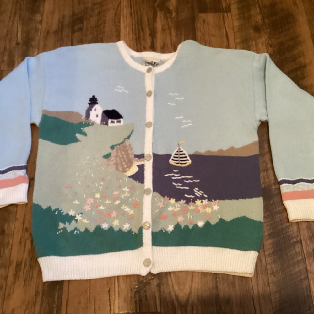 Vintage Northern Reflections Sweater Cardigan Womens L Cottage Lighthouse Sail - Picture 2 of 7